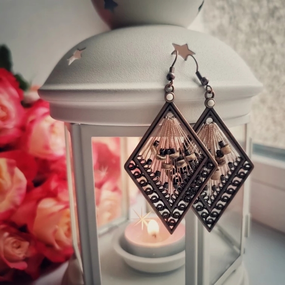 Hand Woven Boho Chic Diamond Shape Dangle Earrings - Picture 2 of 9